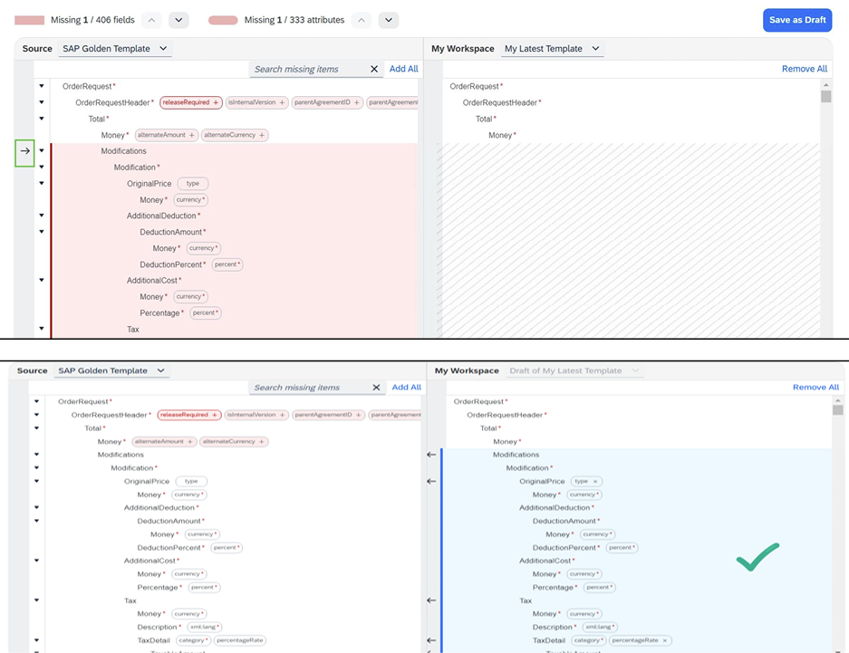 Compare Template view showing source and workspace differences